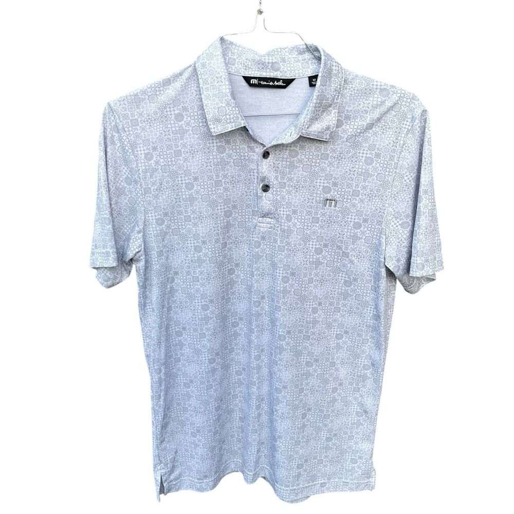 Travis Mathew Polo Shirt Mens Med Grey Geometric Cozumel Performance Golf Prep